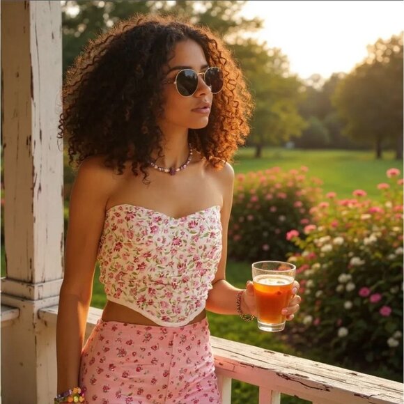 Corset Top – by Salty – Pink/White Floral – Ruched Sweetheart Spring Summer L - Picture 4 of 5